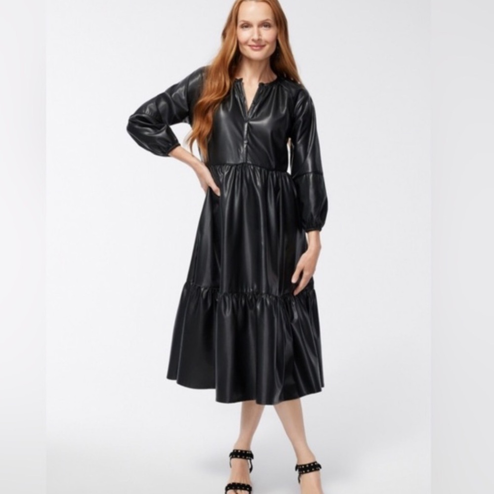 Chico’s Pleather Tiered Midi Dress SZ 00 US 2 Front Buttons Pockets Black‎